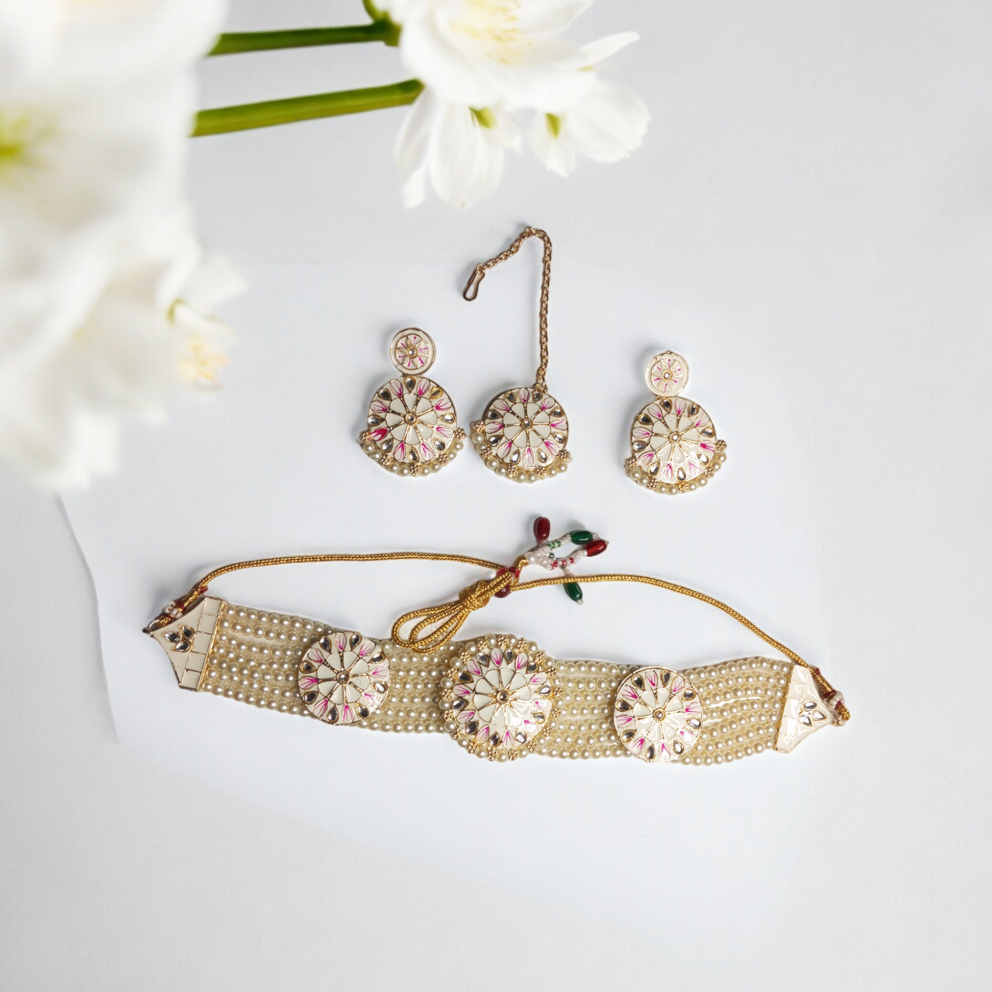 Aavya Off White Choker Necklace with Earrings and MaangTika