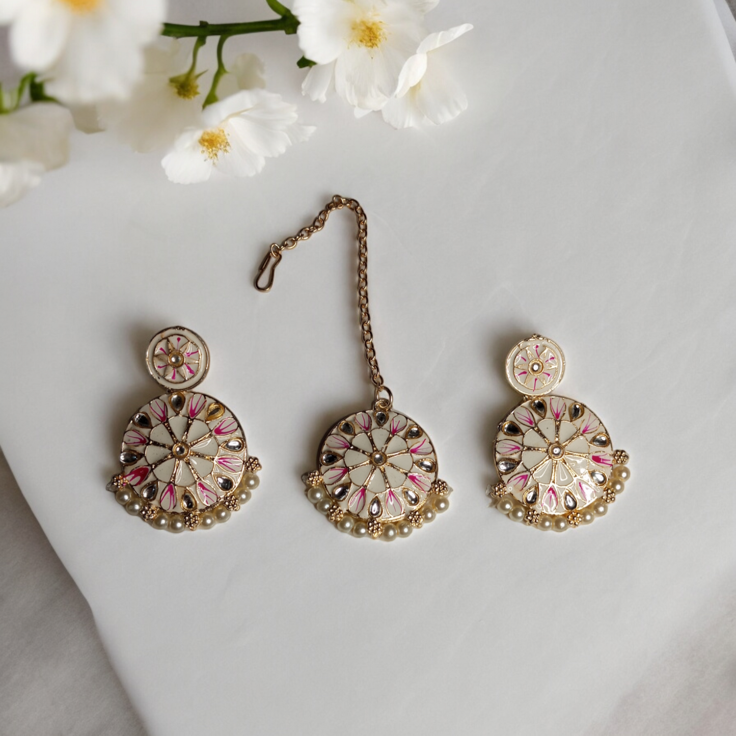 Aavya Off White Choker Necklace with Earrings and MaangTika
