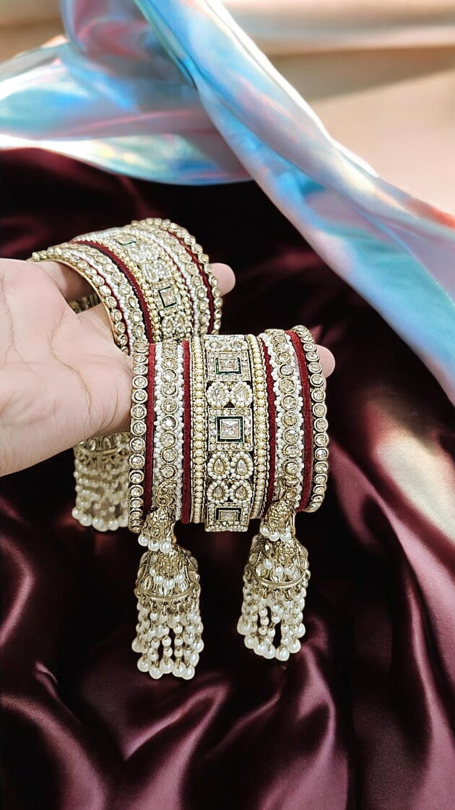 Kundan Bridal Stone Dark Red Bangles Set