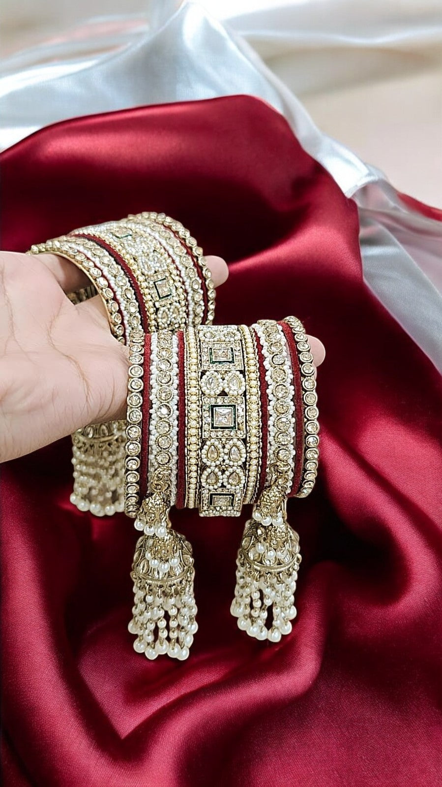 Kundan Bridal Stone Dark Red Bangles Set