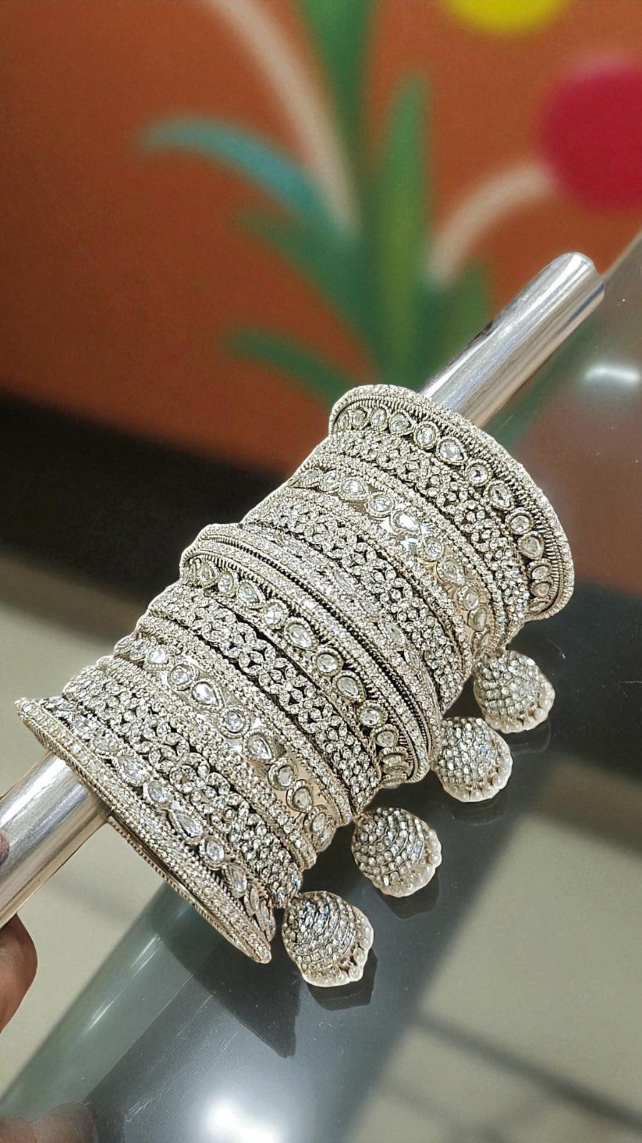 Sundari Kundan Stone Silver Bangles Set