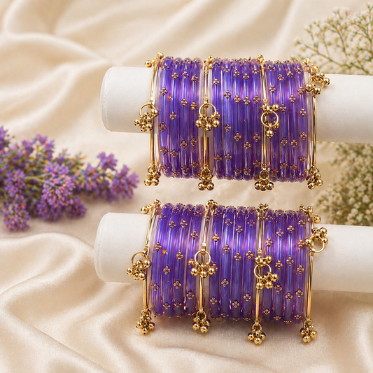 Viral Raindrop Ghungru Glass Bangles-Purple