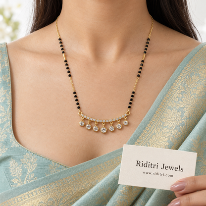 Taara anti-tarnish mangalsutra with curved AD stone bar and seven solitaire-style drops