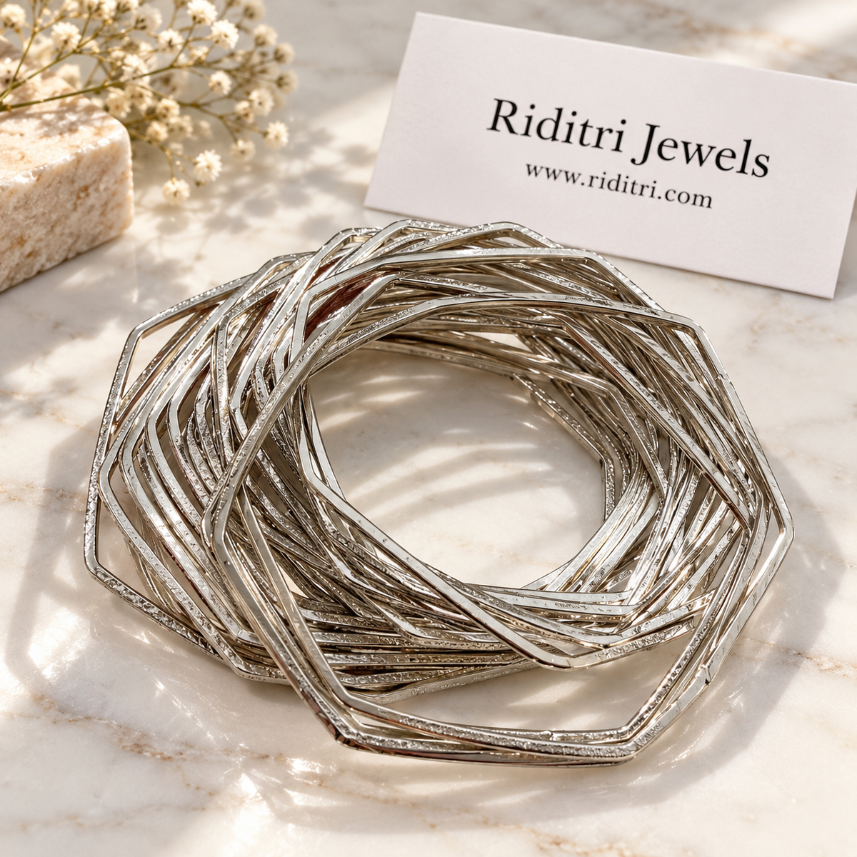 Hexagon Metal Bangles-Silver
