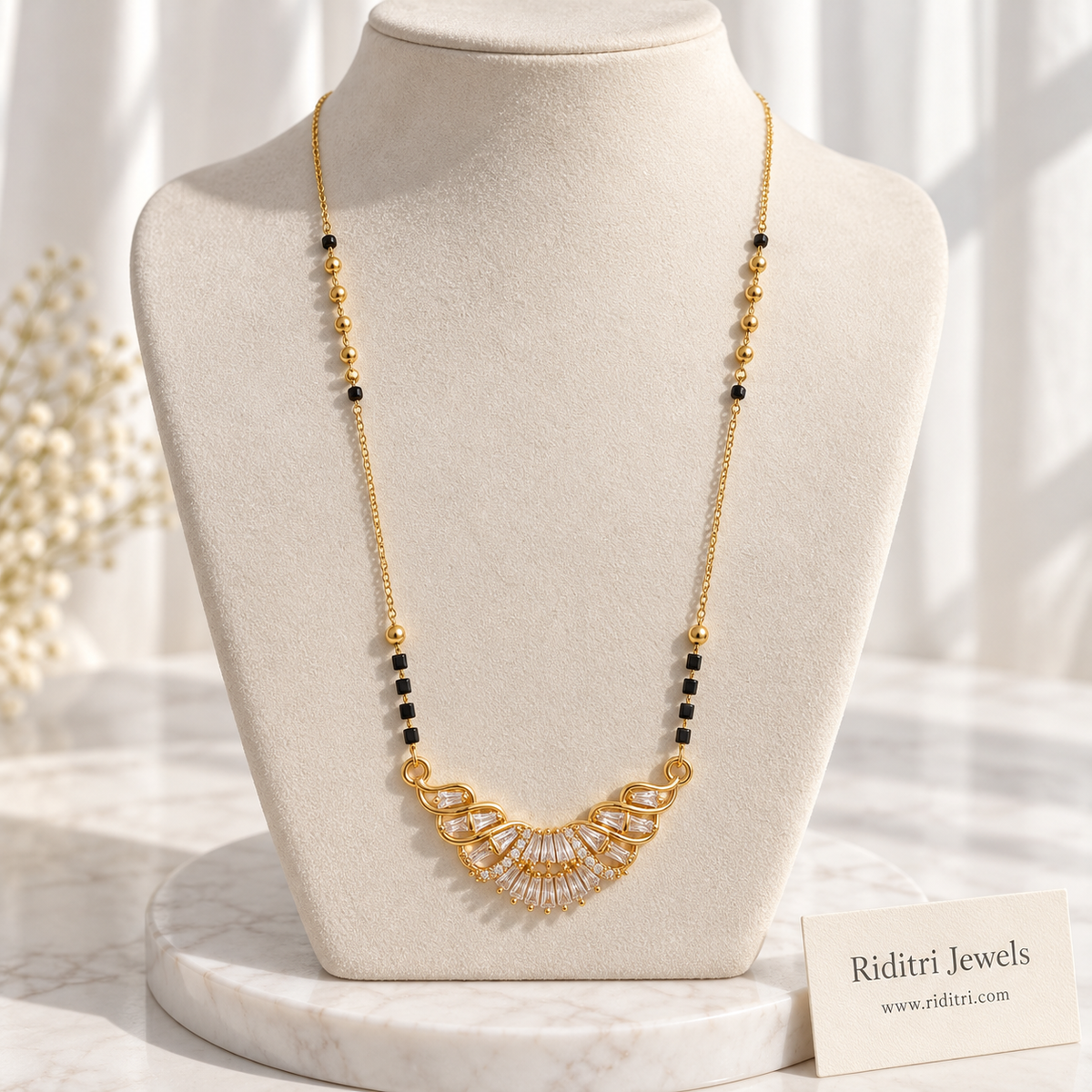 Noori anti-tarnish baguette swirl mangalsutra with crescent stone pendant and black beads
