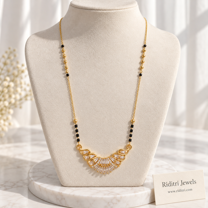 Noori anti-tarnish baguette swirl mangalsutra with crescent stone pendant and black beads