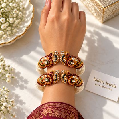 Royal Rajwadi Peacock Pearl Bangles – Free Size, Front Open (Set of 2)