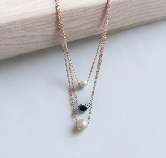 Pearls and Evil-Eye Three Layer Chain