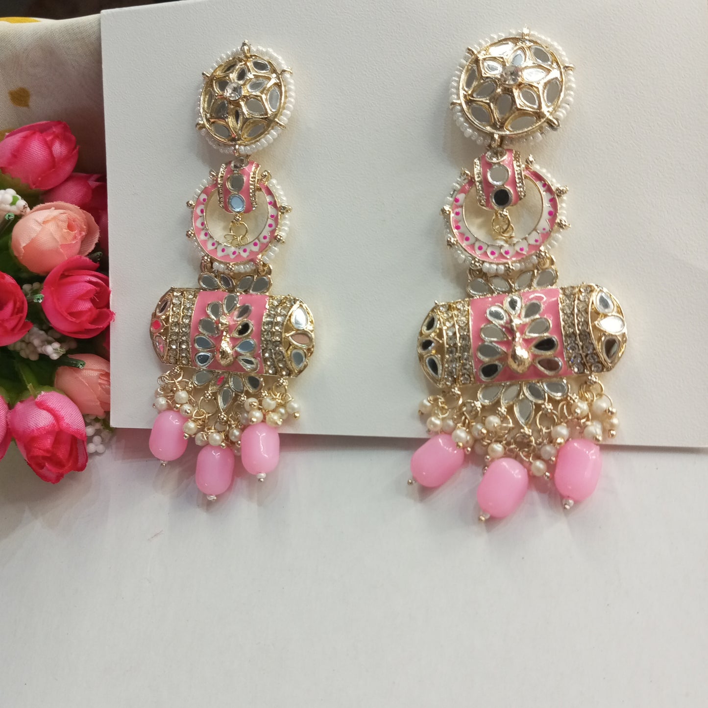 Mirror Work Ethnic Long Earrings- Baby Pink and Silver