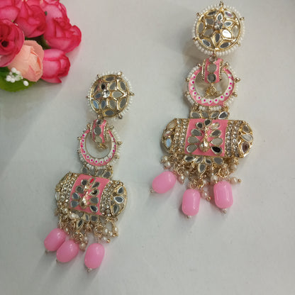 Mirror Work Ethnic Long Earrings- Baby Pink and Silver