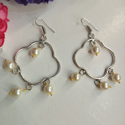 Silver Color Earrings with Hanging Pearls
