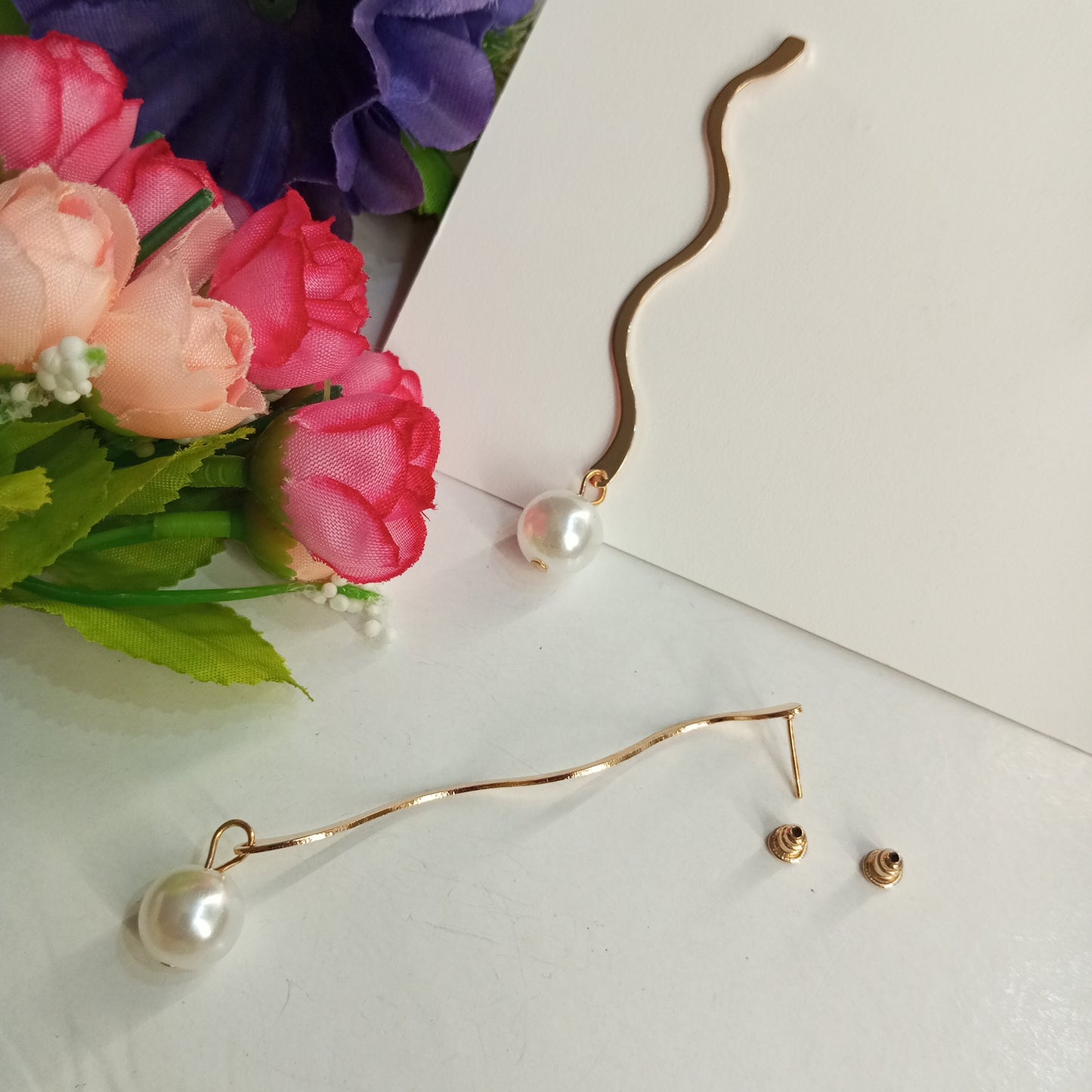 Golden Color Drop Earrings with Hanging Pearl
