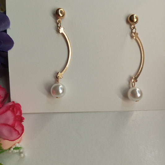 Golden Color Curve Drop Earrings with Hanging Pearl