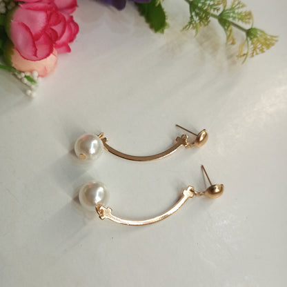 Golden Color Curve Drop Earrings with Hanging Pearl
