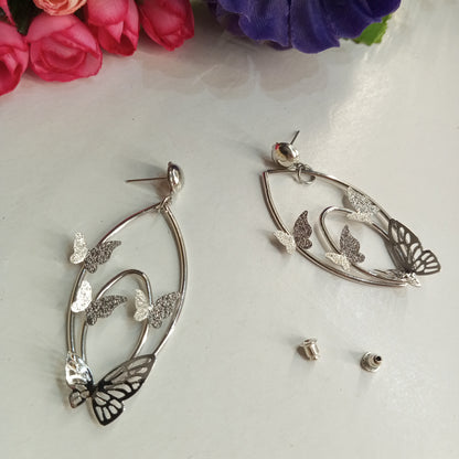 Silver Color Drop Earrings with Hanging Butterflies