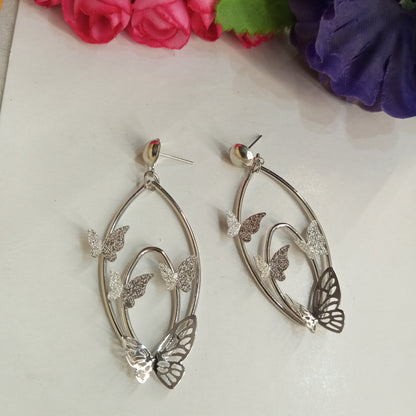 Silver Color Drop Earrings with Hanging Butterflies