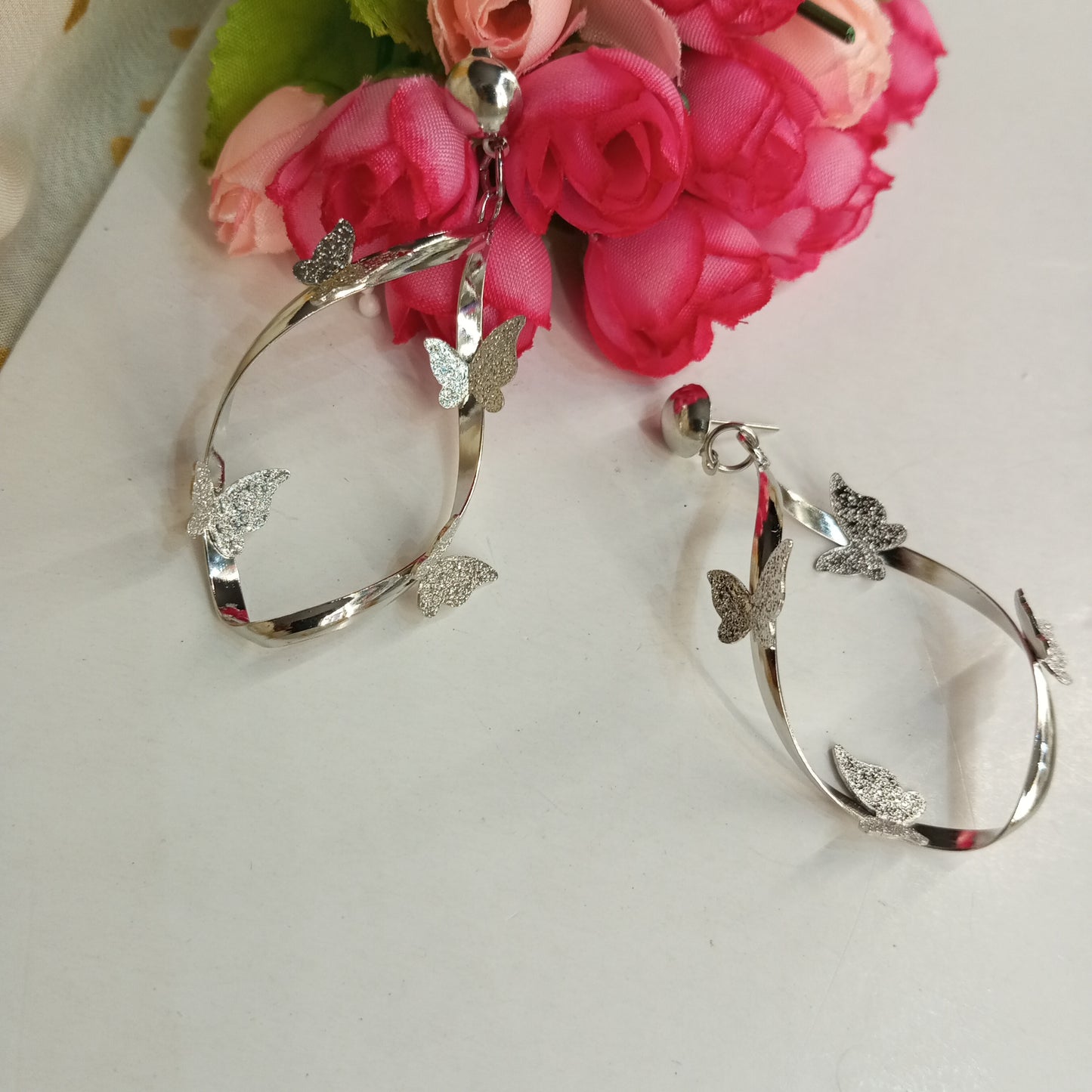 Silver Color Drop Earrings with Twisted Hanging Butterflies
