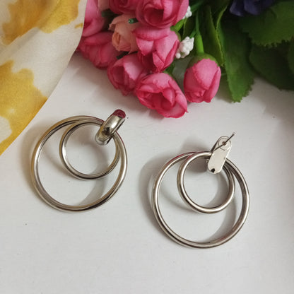 Silver Toned Drop Earrings double circle