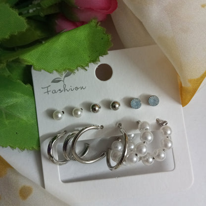 Combo of 6 Earrings- Silver and Pearl