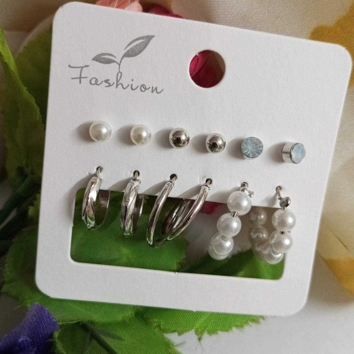 Combo of 6 Earrings- Silver and Pearl