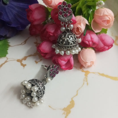 Oxidised Jhumki Earrings with hanging pearls