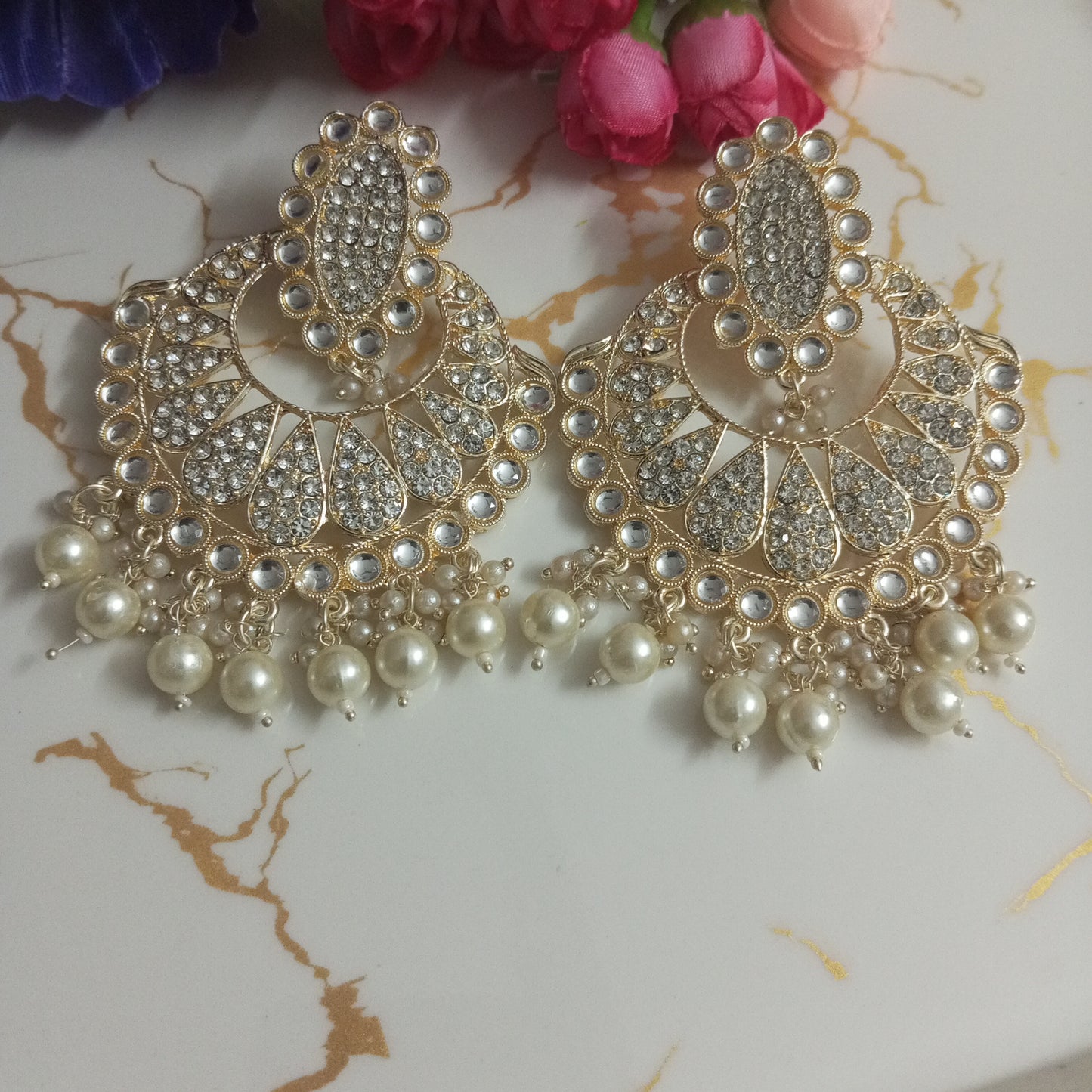 Ethnic Golden Chaandbali Earrings with Hanging Pearls