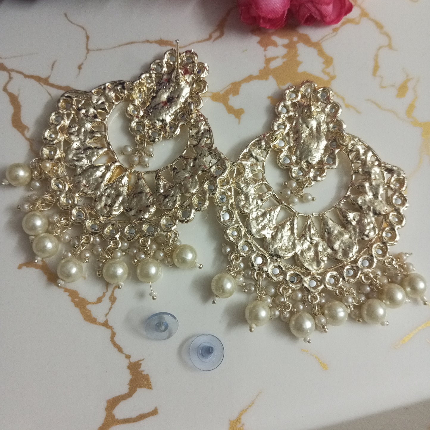 Ethnic Golden Chaandbali Earrings with Hanging Pearls