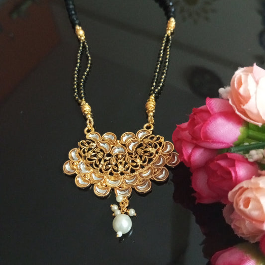 Cz studded Long Mangalsutra with Broad Pendant and a Hanging Pearl