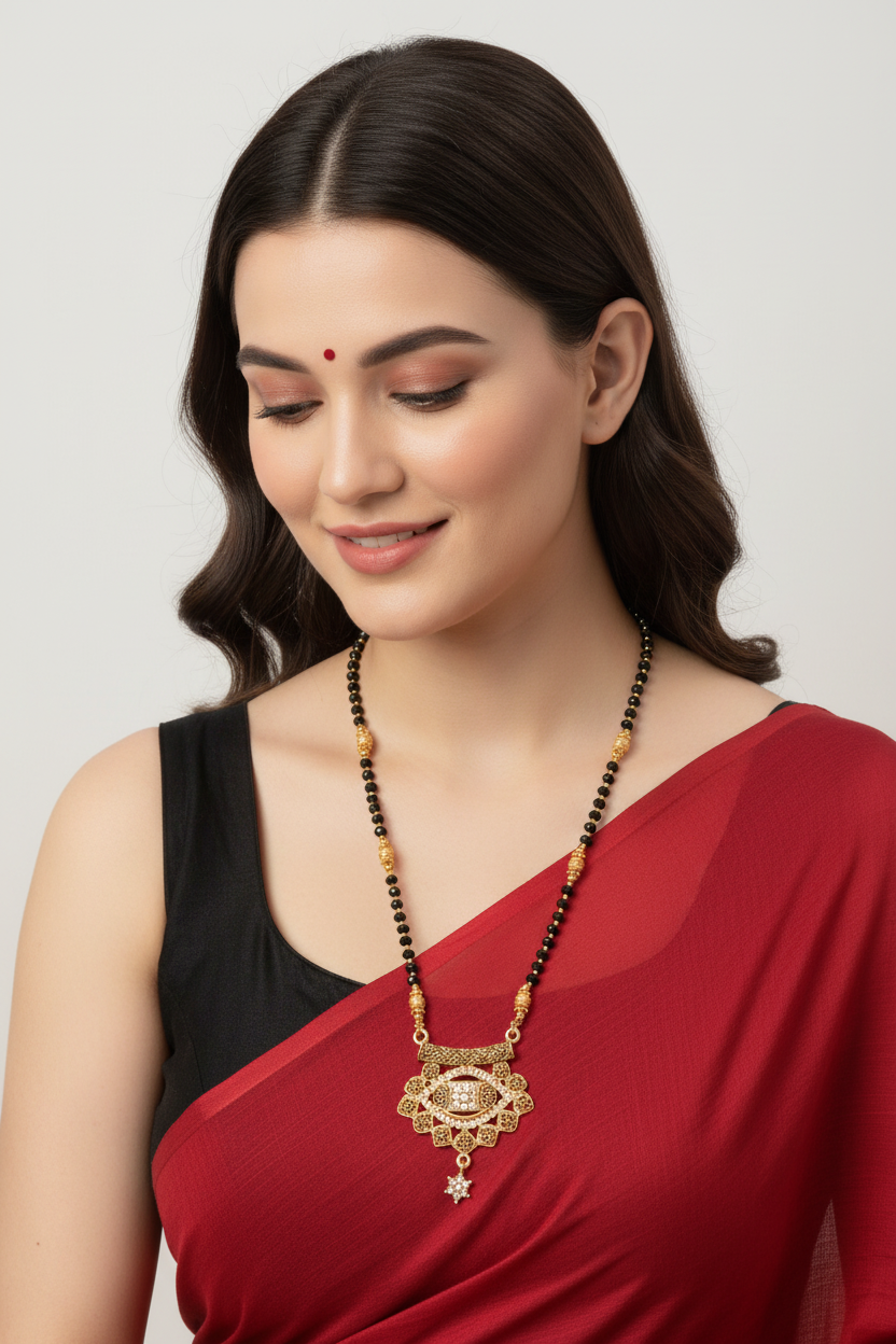 Cz Studded Golden Long Mangalsutra with engraved flowers design