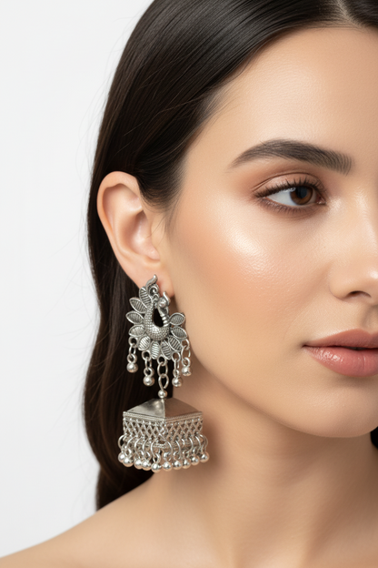 Oxidised Jhumka with Earchain- Earrings