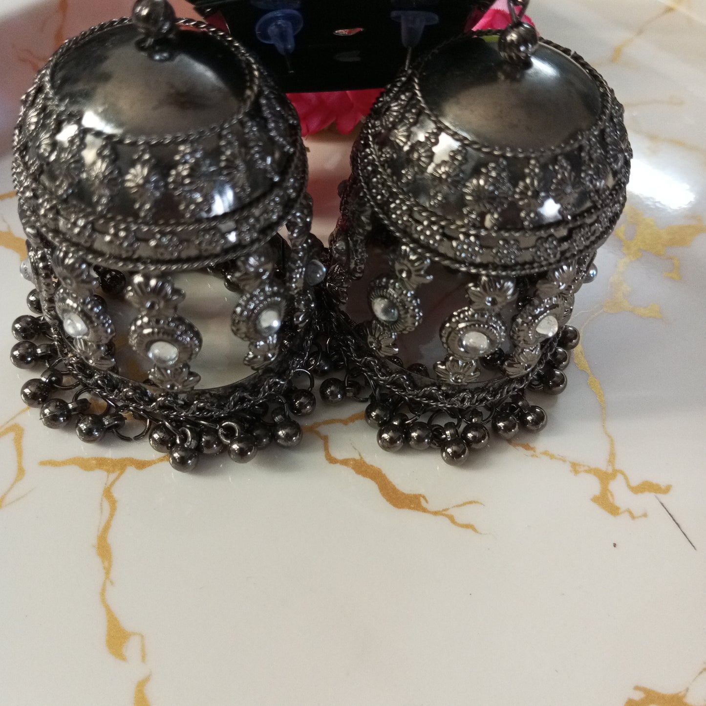 Oxidised Big Earrings with Mirror work