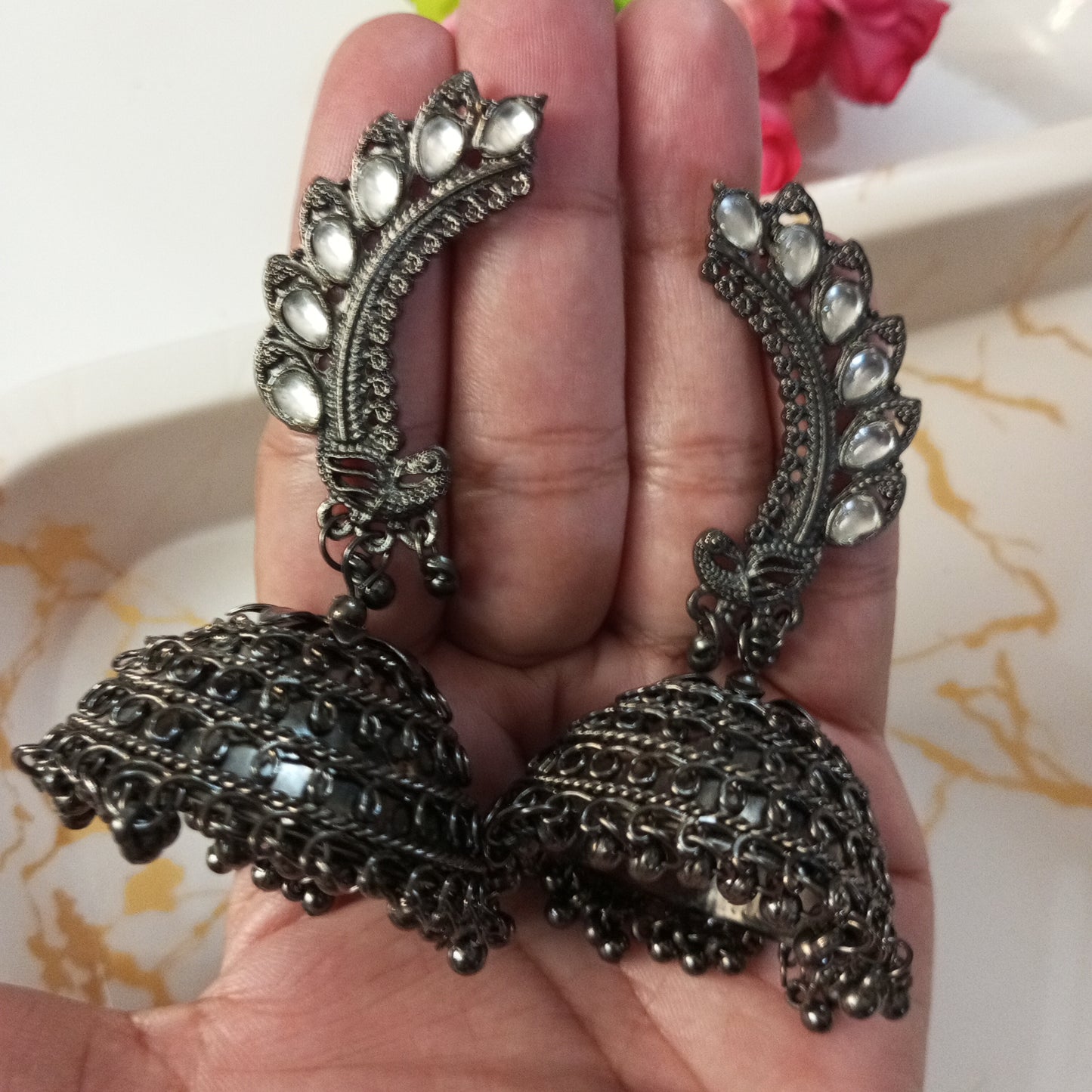 Oxidised Big Jhumka Earrings with Mirror work