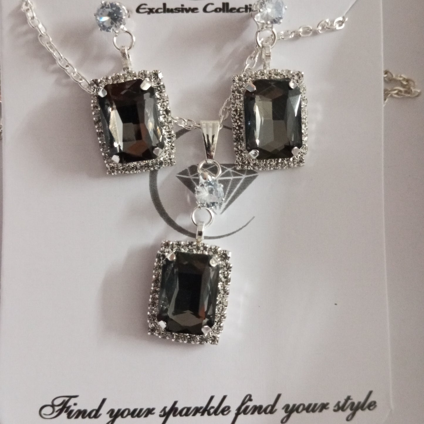 Silver Chain with Pendant and Earrings-Rectangle