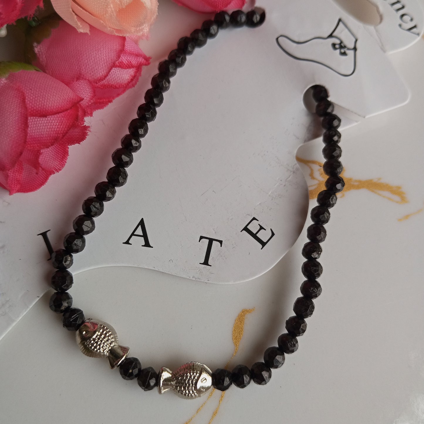 Anklet- Black Beads and Silver Fishes