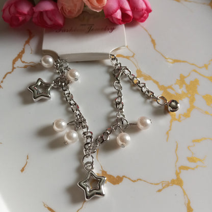 Silver Adjustable Bracelet- Hanging Pearls and Stars