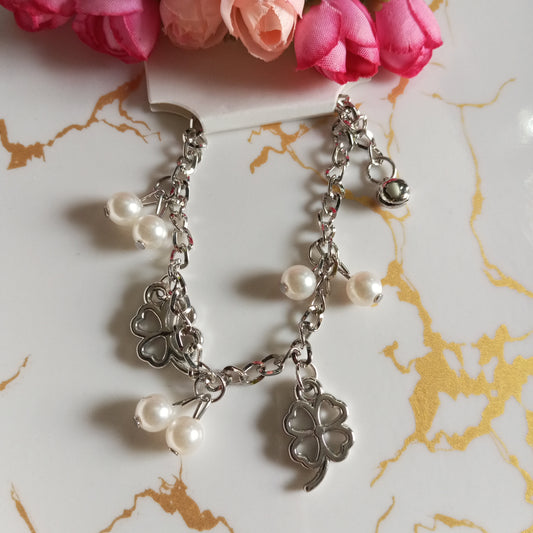 Silver Adjustable Bracelet- Hanging Pearls and Flowers