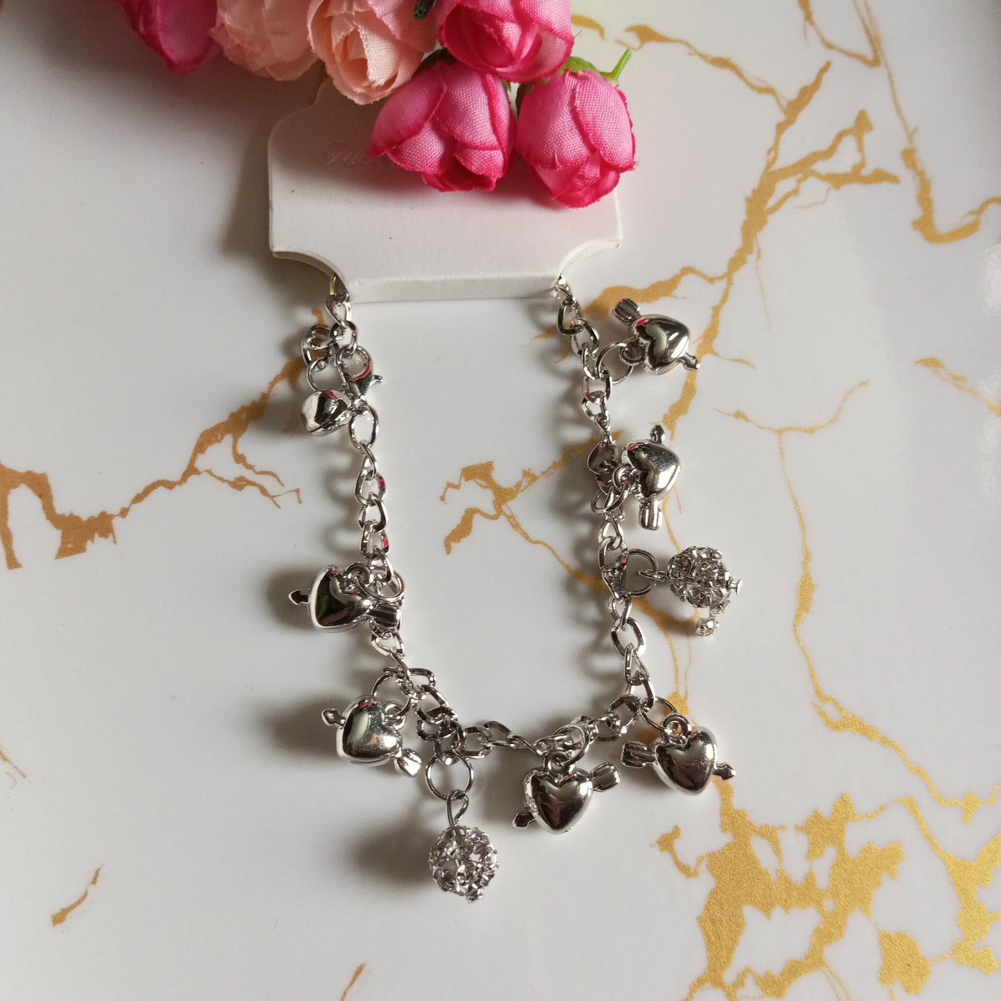 Silver Adjustable Bracelet- Hanging Hearts