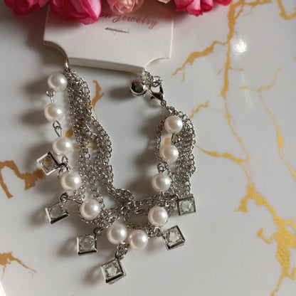 Silver Multilayer Adjustable Bracelet- Hanging Pearls and Squares