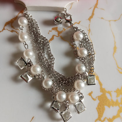 Silver Multilayer Adjustable Bracelet- Hanging Pearls and Squares