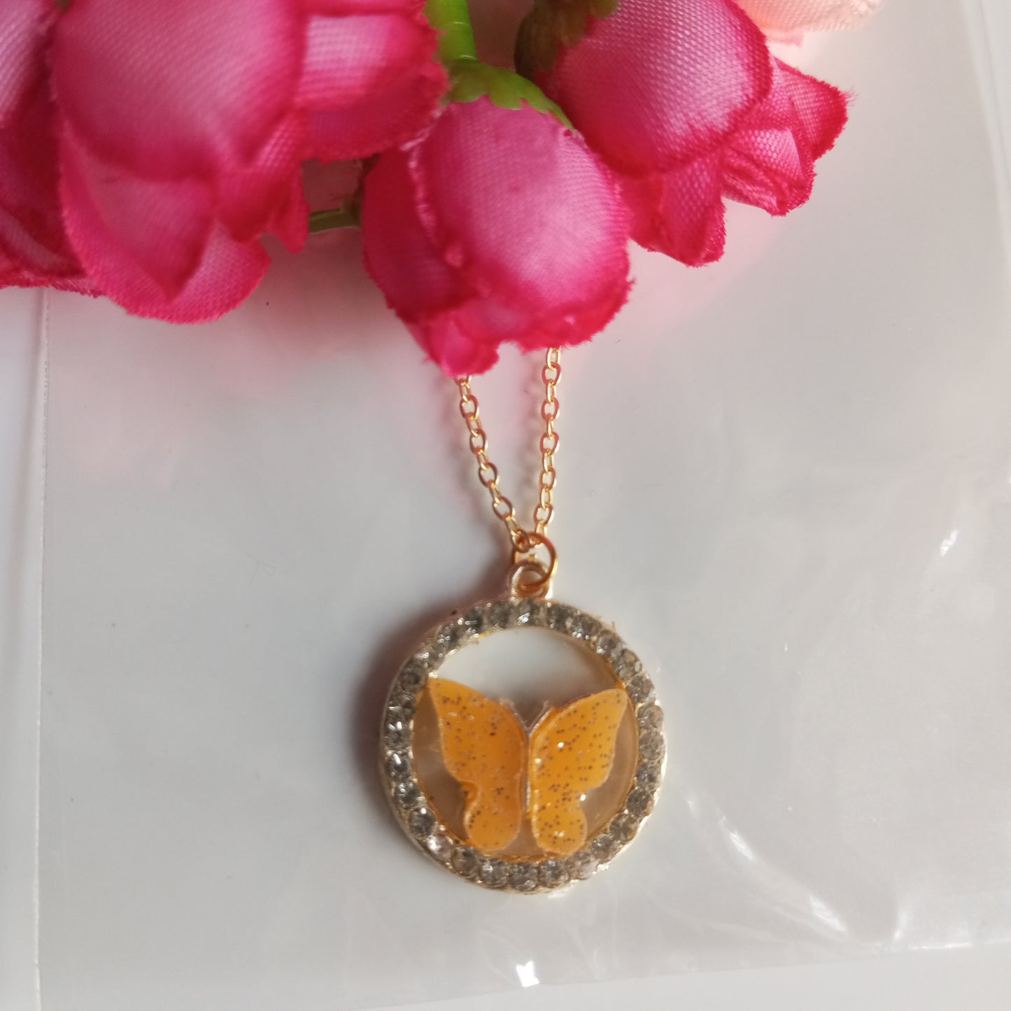 Chain with Pendant- cz Round Yellow Butterfly