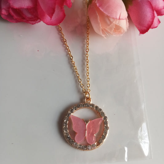 Chain with Pendant- cz Round Pink Butterfly