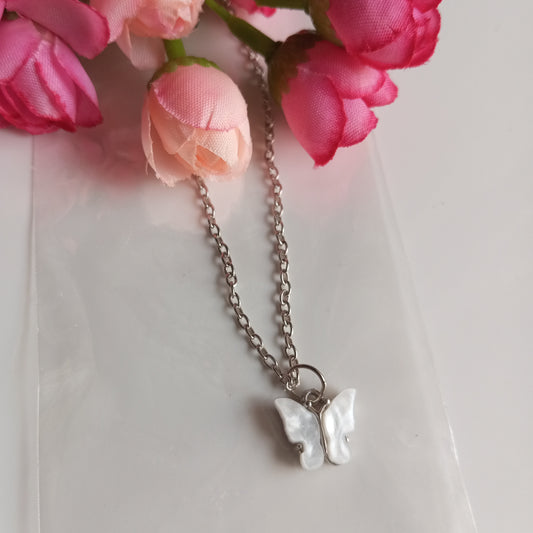 Silver Chain with Pendant- White Butterfly
