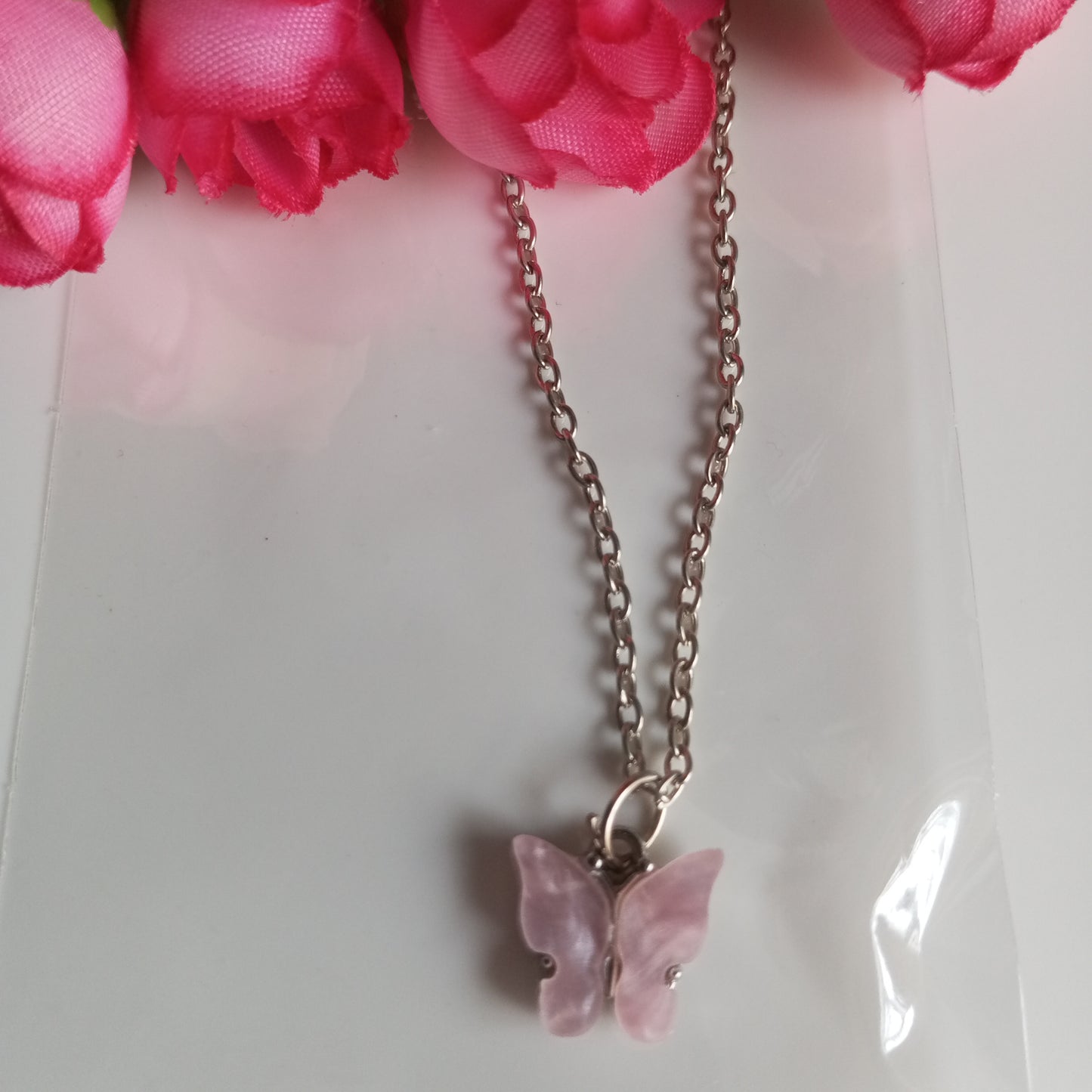 Silver Chain with Pendant- Baby Pink Butterfly