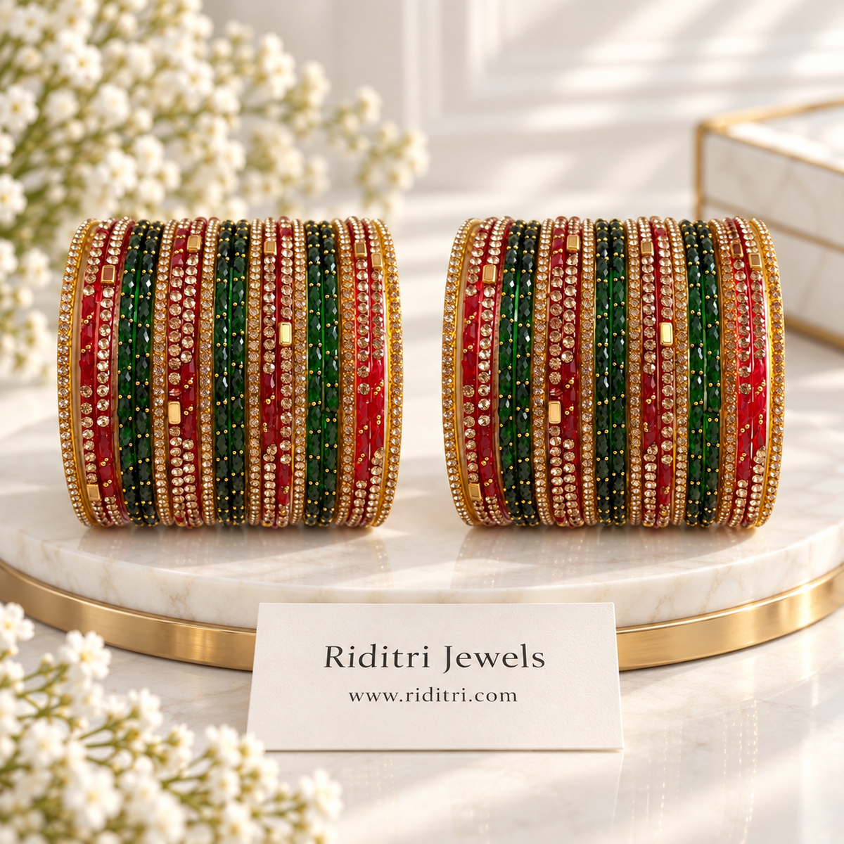 Red Green Golden Glass Bangles Set