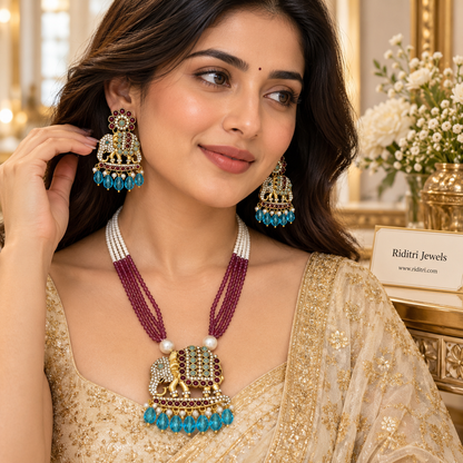 Gajgamini Elephant Long Necklace Set – Wine & Sky Blue