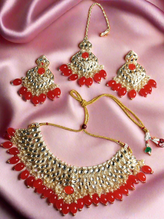 Lavya Red Necklace with Earrings and MaangTika