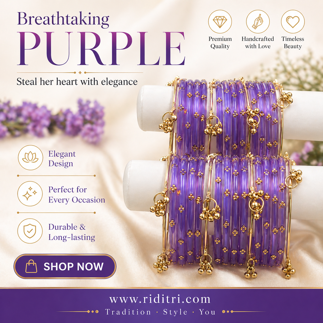 Viral Raindrop Ghungru Glass Bangles-Purple