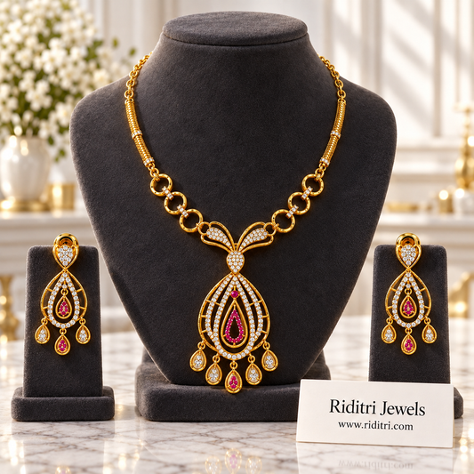 Gulnaar gold plated teardrop necklace set with matching earrings