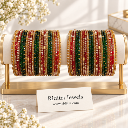 Red Green Golden Glass Bangles Set