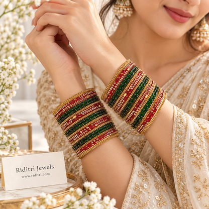 Red Green Golden Glass Bangles Set